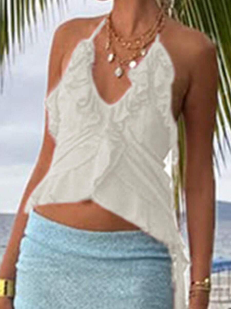 Women Crop Halter Cami Top Irregular Ruffle Edge Deep V Neck Halter Cami Top Sexy Solid Color Backless Tank Shirt - 白色 - 查看 1