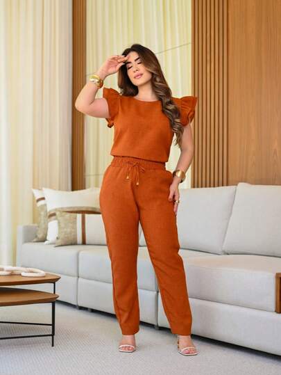 Conjunto Feminino Casual Sofisticado De Blusa Calça em Linho De Algodão Cores Moda Primavera Verão 2025 Roupa Feminina Festa Uniforme Barata
