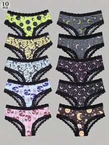 Morvia 10pcs Women Sexy Gothic Chic Low-Rise Hipsters - Contrast Lace, Allover Halloween Skull & Eyeballs & Stars & Jack-O-Lanterns Allover Print, Comfortable Hipster Panties For Women - Halloween Lingerie & Underwear-Comfortable, Assorted Styles, Perfect Gift Idea For Special Occasions Or Daily Wear