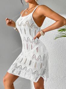 Women's Summer Boho Holiday Beach Vacation Outfits Contrast Color Patchwork Hollow Out Knit Slip Dress