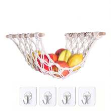 1 Stück handgefertigte gehäkelte Obstnetztasche, Baumwollseil Hängekorb für Küchendekoration, Obst- und Gemüseaufbewahrung, inklusive 4 Aufhängehaken