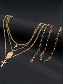 4 件套复古男士十字架吊坠水晶链项链套装，独特新款配饰 - 4件套 - 查看 7