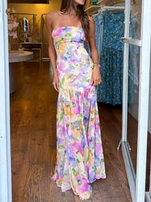 Women Floral Strapless Dress Sexy Backless Bodycon Maxi Long Dress Y2K Sleeveless Off Shoulder Tube Dress Summer Bobo Beachwear - Màu tím - Xem 4