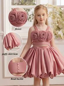 Young Girl 3D Floral Dress Strappy Dress Elegant Princess Dress Two-Piece Set Suitable For Girls' Birthday Party Gifts, Flower Girl Dresses, Wedding Dresses, School Performance Important Occasions, Holiday Dresses, Thanksgiving Dresses Valentine's Day - 粉色 - 查看 3
