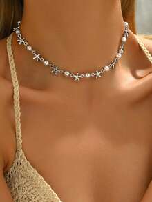 1 件夏季海洋风格手工珍珠海星银锁骨链项链，简约精致女士珠宝，适合日常佩戴、海滩旅行、约会、送给家人和朋友的礼物 - 海星+仿珍珠 - 查看 2