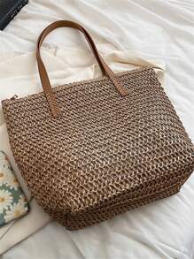 1 peça nova bolsa de viagem casual simples estilo praia férias grande capacidade cesta de tecido, bolsa tote casual dobrável para compras diárias, uso na praia fim de semana feriado, presente para mulheres