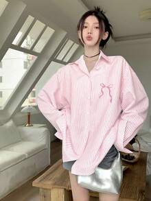 蓝白红白条纹蝴蝶结女上衣，新款宽松显瘦长袖衬衫适合初秋春季，甜美简约 - 粉色 - 查看 4