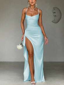 优雅性感缎面无肩带露肩荷叶边腰身派对礼服、伴娘礼服、正式礼服