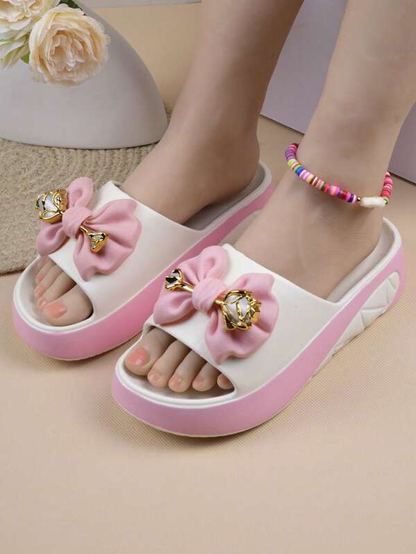 Women's Bow Decor Flat Sandals, Casual Home Thick Sole Non-Slip Comfortable Soft Bottom Fashion Versatile Slip-On Slippers, Suitable For Indoor And Outdoor Wear