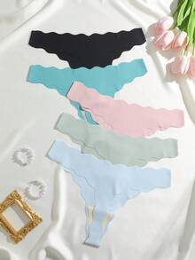 5 Pcs V-Shape Waist Wave Design Seamless Low Waist Sexy Thong Panties For Women - Multicolor - View 4