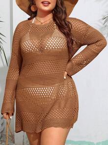 Vestido playero de talla grande para mujer, tejido de crochet y malla, de manga larga y cuello redondo, ideal para playa y verano. - Marrón - Ver 2
