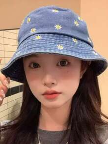 1件裝 夏季女款刺繡雛菊遮陽帽 寬帽簷時尚水桶帽 適合戶外旅行、購物、海灘及日常穿搭 - 彩色 - 查看 9