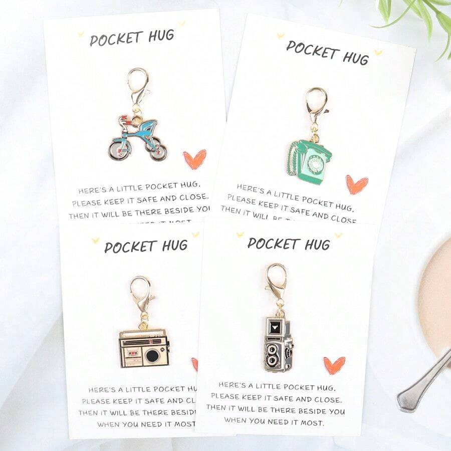 1pc Retro Vintage Style Keychain Set, Include Pocket Hug Card, Phone, Bicycle, Speaker, Radio DIY Decoration Accessories, Perfect Mini Gift For Birthday, Wedding, Party - Multicolor - View 1
