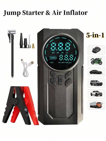 8000mAh Portable Car Starter, 5 In 1 Tire Inflator, Jump Starter With Digital Air Compressor, LED Display, USB Charging, Multi-Functional Emergency Flashlight, Wireless Air Pump For Outdoor Sports, LED Lighting