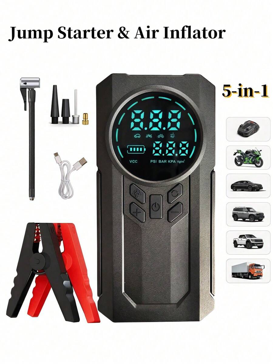 8000mAh Portable Car Jump Starter, 5-In-1 Tire Inflator With Digital Air Compressor, LED Display, USB Charging, Multi-Function Emergency Flashlight, Outdoor Sports Wireless Air Pump, LED Lighting