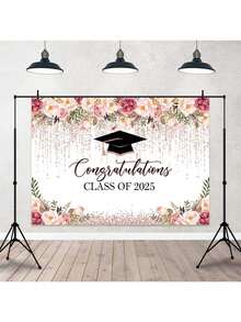 1pc Rose Gold Floral Watercolor Dot 2025 Graduation Photo Backdrop, Celebration Photography Studio Prop For 2025 Graduation Party Decor - Color - View 14