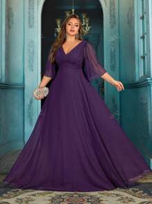 QOQ Elegant Girls Plus Size Bridesmaid Dresses Spring Summer Formal Dress For Wedding Guest, Bridesmaid, Weddings, Dinner, Engagement Party Solid Color Chiffon V-Neck Flounce Sleeve Gown