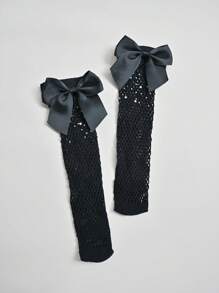 2 Pairs Girls' Rib Knit Bow & Hollow Out Fishnet Socks, Suitable For Daily Wear In Summer