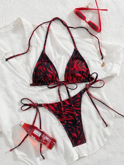 Sexy Set mit zufälligem Muster Bikini Badeanzug, Strandurlaub Badebekleidung, Sommer