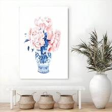 1pc Framed Canvas Wall Art, Pink Peony, Blue And White Porcelain Vase, Watercolor Style Art Print Canvas Poster Painting Wall Decor, Ideal Gift For Bedroom Living Room Hallway Dorm, Ready To Hang - Multicolor - View 5