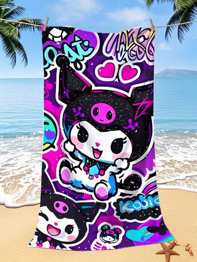 Sanrio 250gsm Super Soft & Quick Dry Microfiber Sanrio Kuromi Cartoon Character Printed Beach/Yoga Mat, Sunscreen Shawl, Suitable For Travel, Camping, Swimming, Outings. 1pc 70*140cm Bath/Beach Towel Or Larger 90*180cm Bath/Beach Towel Bathroom Decor Summer Beach Essentials