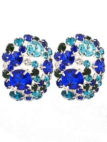 Rhinestone Encrusted Oversize Round Clip-On Earrings, Dramatic Bling Jewelry Accessories - Blue - View 2