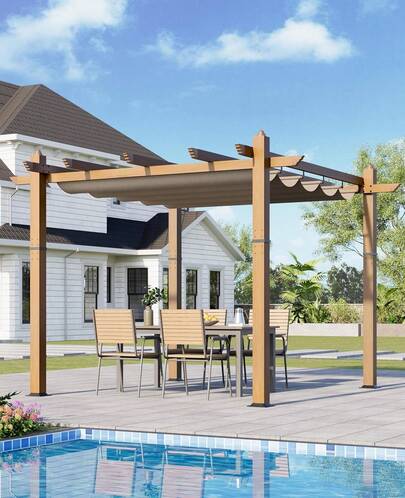 Outdoor Pergola With Retractable Canopy Upgraded Outdoor Aluminium Pergola, Faux Wood Grain Metal Patio Gazebo For Modern Backyard Deck For Porch, Awning, Grape Trellis, Brown