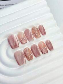 10 件中号方形 100% 手工亚克力按压指甲，粉色指甲玻璃珠猫眼配手绘丝带图案，优雅高贵的精美指甲用品，适合不同风格的女性日常使用，可重复使用，也可作为送给女性朋友的礼物，贴片指甲。 - 粉色 - 查看 3