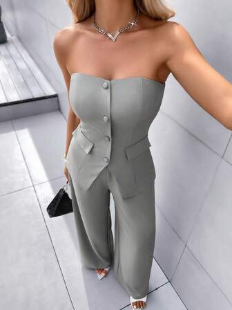 Conjunto de 2 piezas en color gris con top sin tirantes con botones y abertura en el bajo, pantalón de pierna ancha. Apropiado para el trabajo, casual y sexy para ir al trabajo, uso diario, nuevo estilo de ropa de mujer "Old Money"