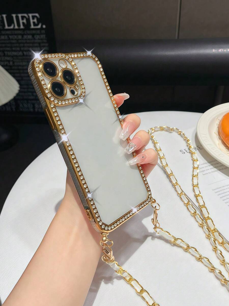 1pc Shoulder Strap Rhinestone TPU Phone Case Compatible With IPhone, Protective Cover Waterproof Shockproof Anti-Fall Scratch Resistant