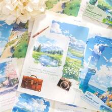 30 Sheets/Pack Self-Adhesive White Matte Finish Rectangular Disposable Office And Study Supplies, Travel Theme Paper