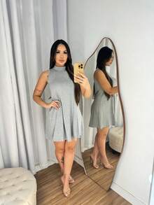 HIGH NECK LOOSE TANK TOP DRESS EVERYDAY FASHION ELEGANT - Grey - View 2