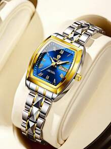 1 pieza Regalo Relojes de mujer de marca real BINBOND (Original) Correa de acero inoxidable antióxido plateado 50M resistente al agua Función de calendario semanal en inglés Manecillas luminosas Elegante azul y verde Regalo Pulsera delgada Importado de Japón Movimiento automático de cuarzo Regalo para hermana, madre, cumpleaños, boda