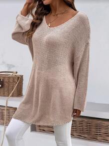 Oversize einfarbiger Rundhals Lässig Loose Split Saum Strickpullover