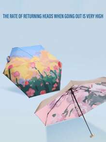 1 pièce Parapluie compact et super léger avec peinture à l'huile, parapluie pliable anti-UV pour le soleil et la pluie, portable et pratique