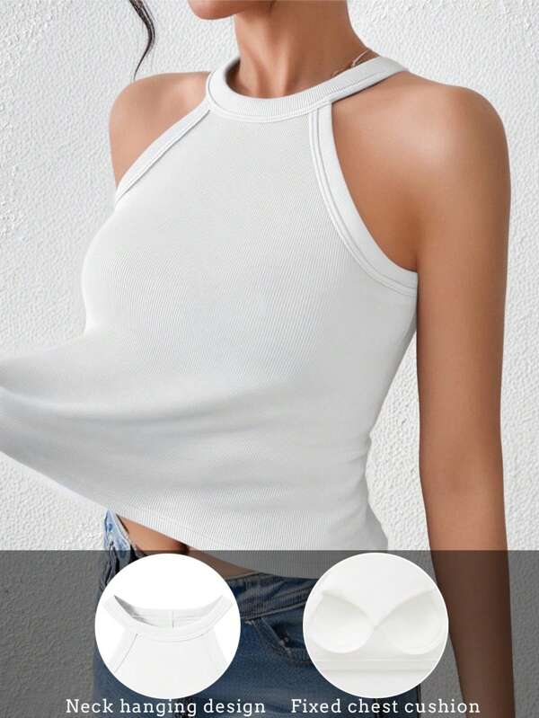 Women's Summer Casual Tank Top, Ribbed Camisole With Padded Chest, Sleeveless Solid Color T-Shirt