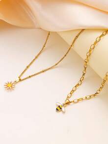 2/3 件时尚优雅不锈钢金色项链，带蜜蜂和雏菊花卉元素，适合女性日常佩戴、场合、母亲节、礼物 - 金色 - 查看 8