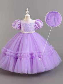 Vestido de princesa de fiesta para niñas, con cuentas y lentejuelas, esponjoso, para cumpleaños, boda y baile - Morado - Ver 5