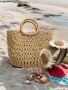 1 pieza Bolso de playa de paja tejido a mano con diadema de flores, asa redonda, diseño de ratán natural, sin forro, sin cierre, accesorio de playa | Bolso de ratán natural | Bolso de apertura superior, apto para playa, vacaciones, uso diario, viajes, fiestas, regalo para mujer, regalo de boda para la novia, regalo para la madre, regalo de cumpleaños, regalo para amigos y maestros - Caqui - Ver 11