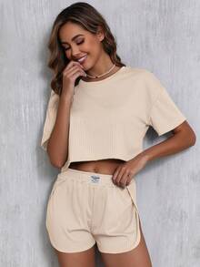 Conjunto de 2 piezas de pijama casual de verano para mujer, blusa de manga corta de cuello redondo y pantalones cortos con abertura alta, conjunto de salón para primavera/verano - Champán - Ver 6