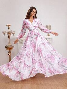 女士长款优雅春夏花卉印花腰带连衣裙 - 粉色 - 查看 8