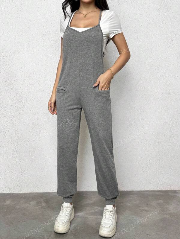 Women Solid Color Casual Jumpsuit With Pockets, Sleeveless Summer
