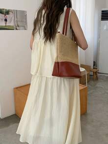 Vintage Hollow Woven Tote Bag, Large Capacity Women's Shoulder Bag, Business Casual Vacation Beach Bag - Brown - View 3