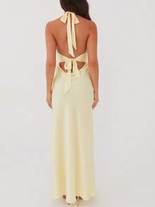 Women Satin Halter Neck Maxi Dress Sleeveless V Neck Backless Bodycon Dresses Self Tie Party Wedding Long Dress - Màu vàng - Xem 3