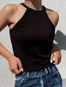 Summer Women Rib Knit Spaghetti Strap Camisole Top With Padding, Casual Solid Color Sleeveless T-Shirt, Workout - Black - View 5