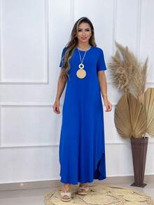 Women's Long Sarouel Dress With Viscose Lycra Sleeves Women's Clothing / Midi Dress / Dresses - 寶藍色 - 查看 2