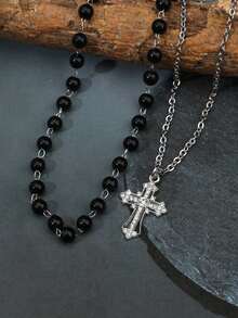 2 件套哥特式黑色仿珍珠水钻十字架项链套装（女士） - 銀色 - 查看 2