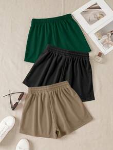 3pcs Solid Color Elastic Waist Tie Loose Fit Sports Shorts & Lounge Pants - Black - View 3