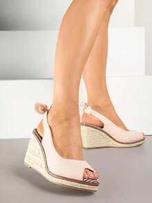 Espadrille Sandalen mit Schleife und geflochtener Keilsohle - Beige - Übersicht 1