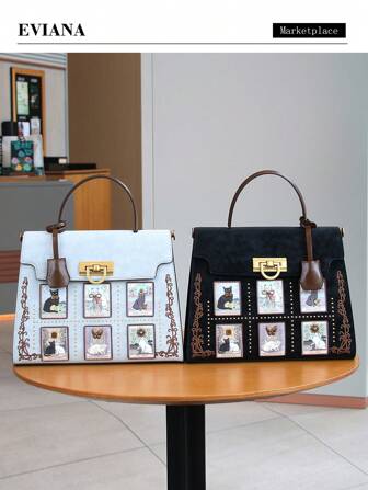 2025 New Fashionable Women Handbag, Niche Design Shoulder Tote Bag, Luxury Large Capacity Commuter Briefcase, Cartoon Cat Printed Handbag, Versatile Casual Shoulder Bag